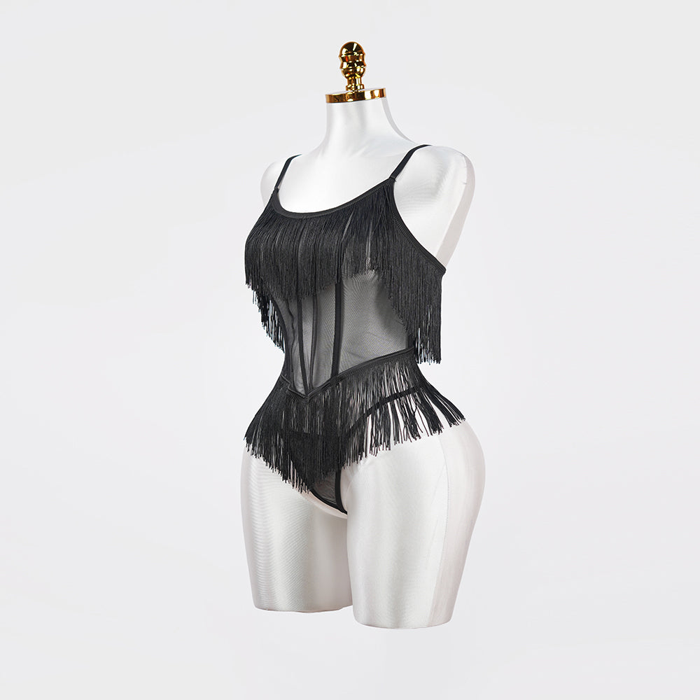 Black Sheer Fringe Corset Panty Set