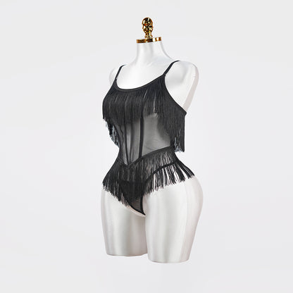 Black Sheer Fringe Corset Panty Set