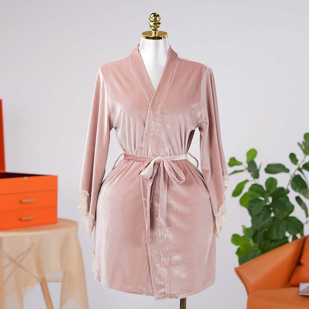 Warm Cozy Velvet Lace Embroidery Bathrobe