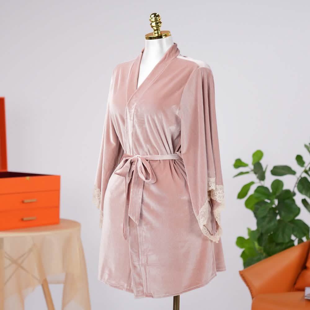 Warm Cozy Velvet Lace Embroidery Bathrobe