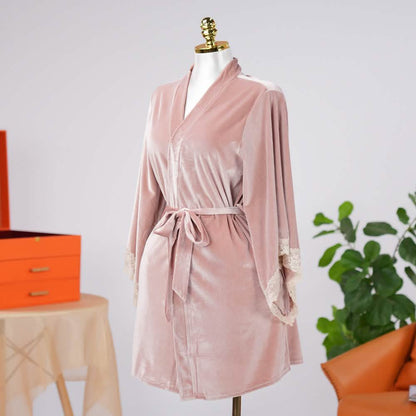 Warm Cozy Velvet Lace Embroidery Bathrobe