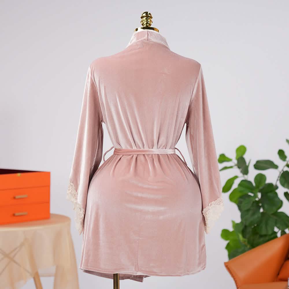Warm Cozy Velvet Lace Embroidery Bathrobe
