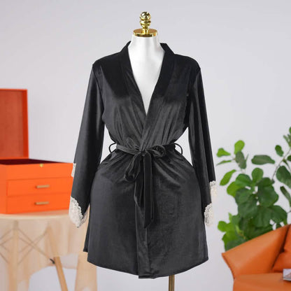 Warm Cozy Velvet Lace Embroidery Bathrobe