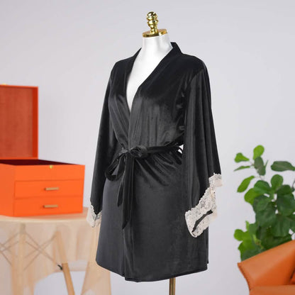 Warm Cozy Velvet Lace Embroidery Bathrobe