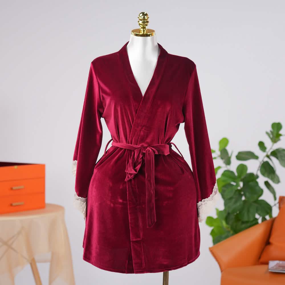 Warm Cozy Velvet Lace Embroidery Bathrobe