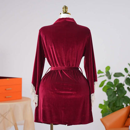 Warm Cozy Velvet Lace Embroidery Bathrobe