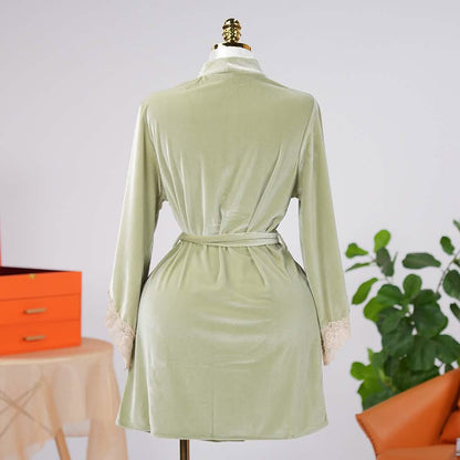 Warm Cozy Velvet Lace Embroidery Bathrobe