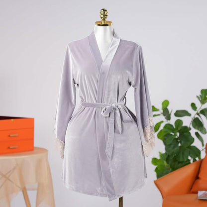 Warm Cozy Velvet Lace Embroidery Bathrobe
