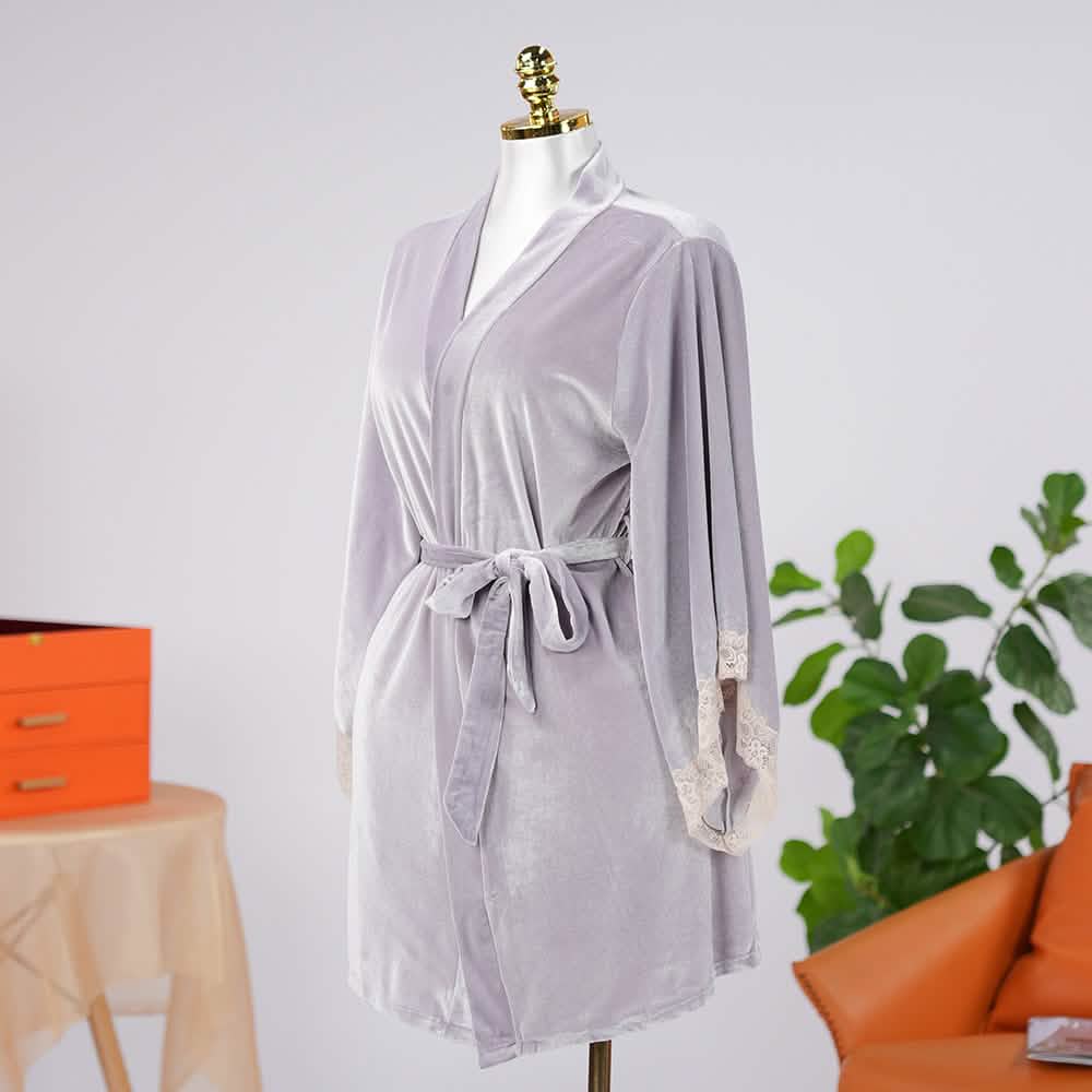 Warm Cozy Velvet Lace Embroidery Bathrobe