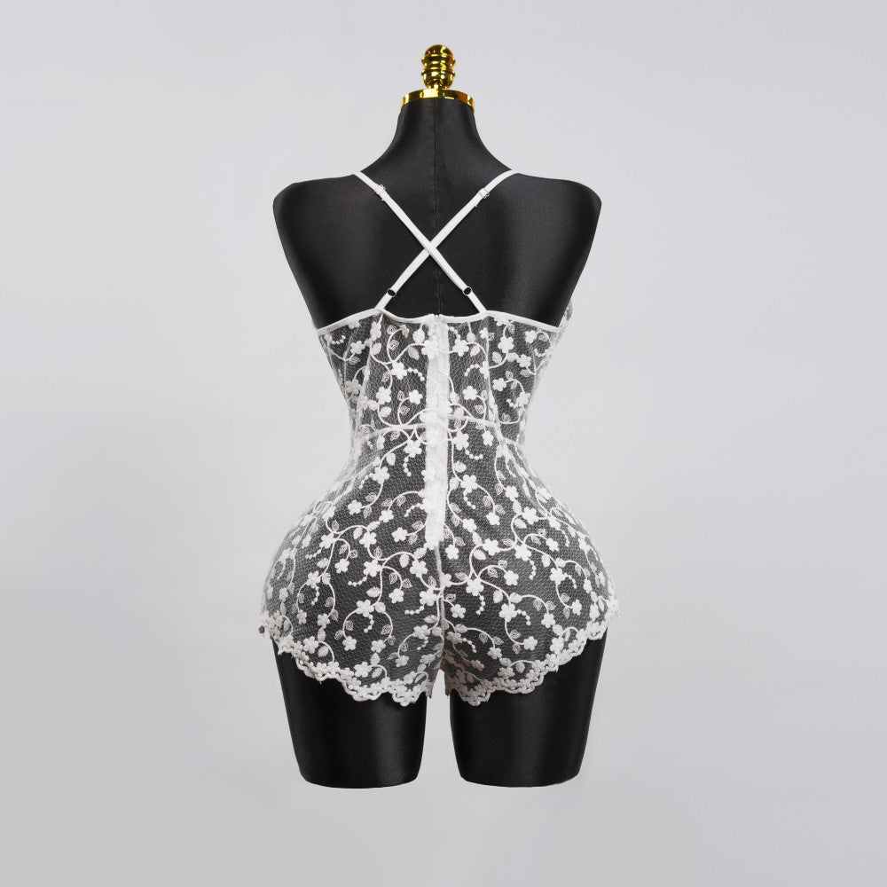 White Lace Embroidery See-Through Hollow Teddy Bodysuit