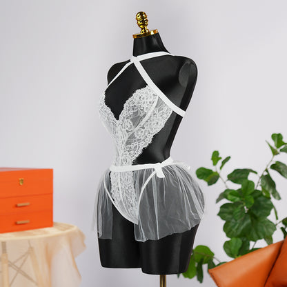 White Erotic Three-Point Open See-Through Teddy Lingerie