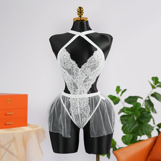 White Erotic Three-Point Open See-Through Teddy Lingerie