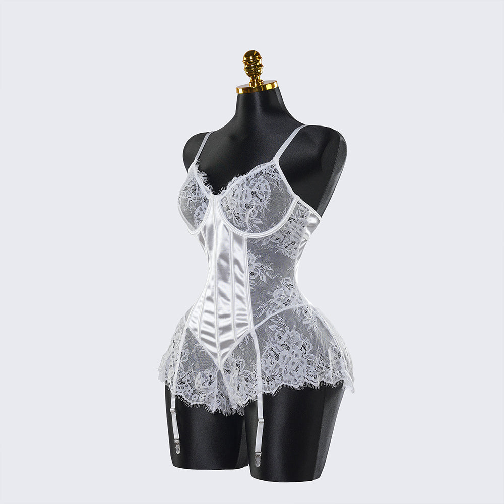 White Lace Embroidery See-Through Hollow Sexy Corset Tops