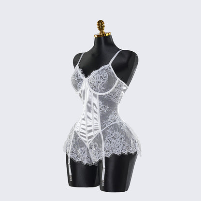 White Lace Embroidery See-Through Hollow Sexy Corset Tops