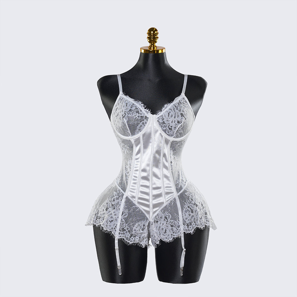 White Lace Embroidery See-Through Hollow Sexy Corset Tops