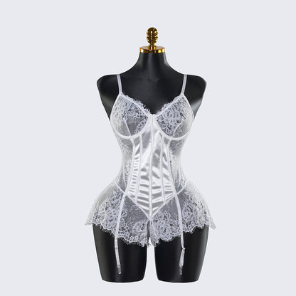 White Lace Embroidery See-Through Hollow Sexy Corset Tops