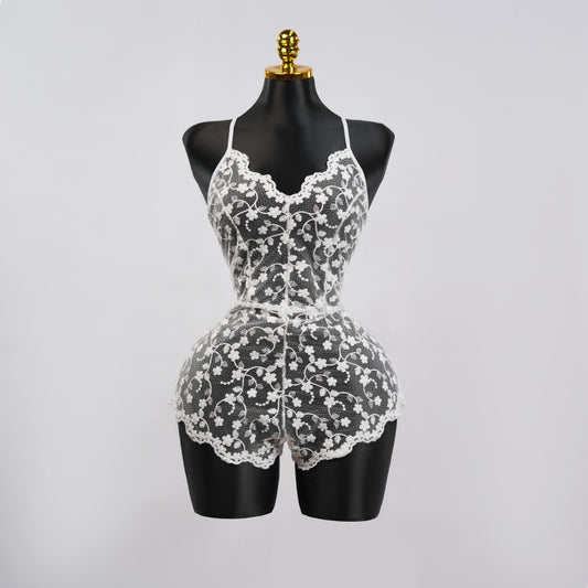 White Lace Embroidery See-Through Hollow Teddy Bodysuit