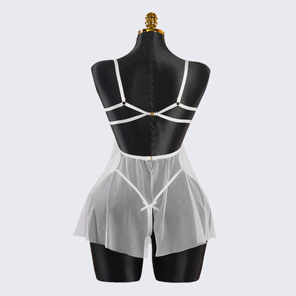 White Lace Satin Bow Lingerie Dress