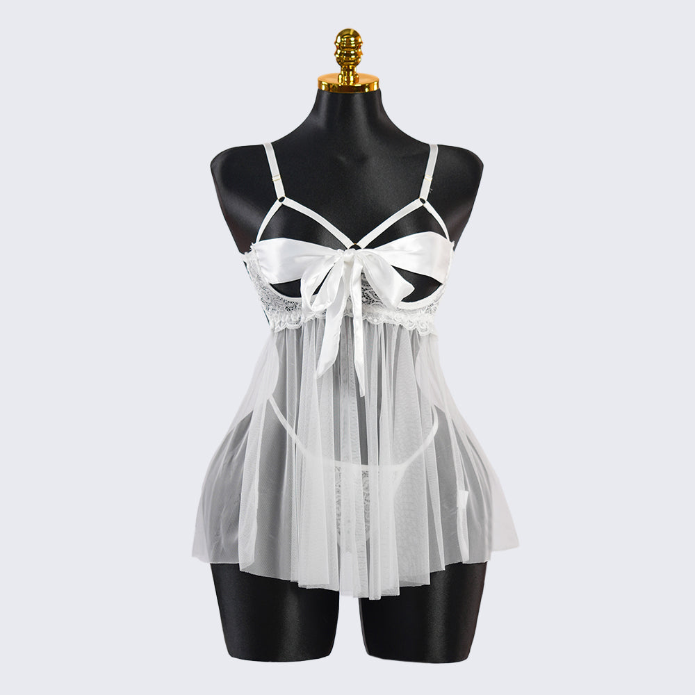 White Lace Satin Bow Lingerie Dress