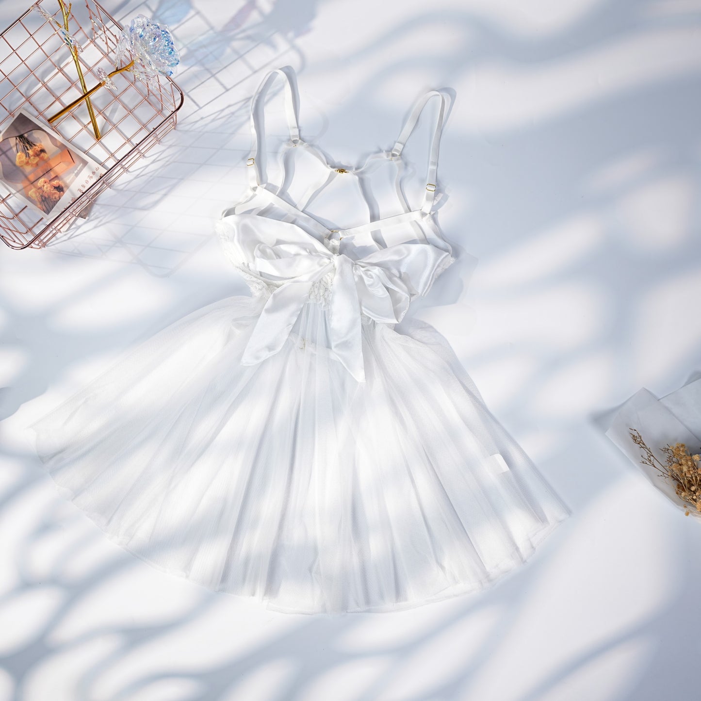 White Lace Satin Bow Lingerie Dress