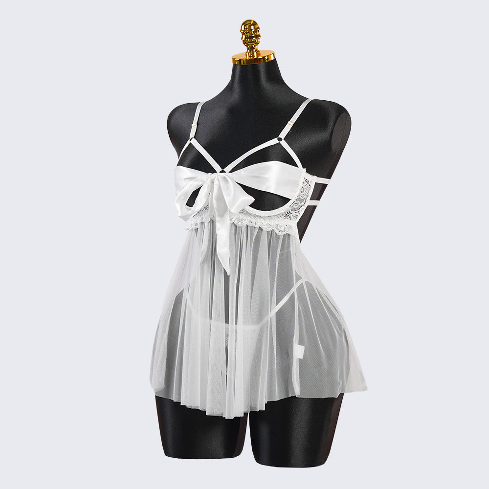 White Lace Satin Bow Lingerie Dress