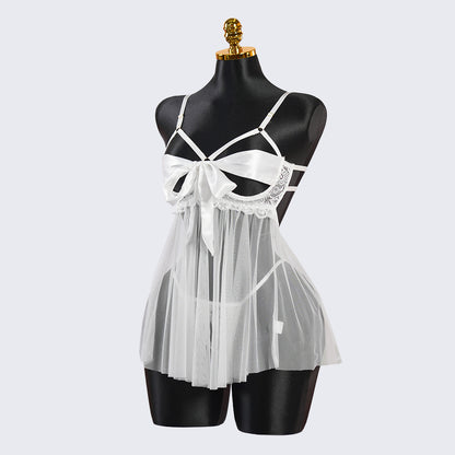 White Lace Satin Bow Lingerie Dress