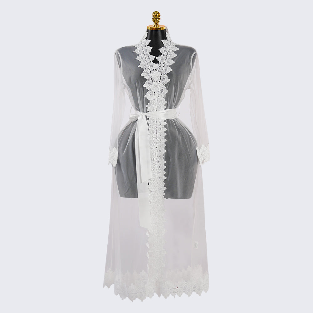 White Long-Sleeved See-through Lace Robe