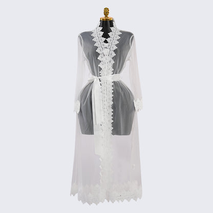 White Long-Sleeved See-through Lace Robe