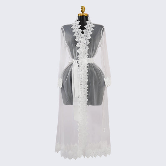 White Long-Sleeved See-through Lace Robe