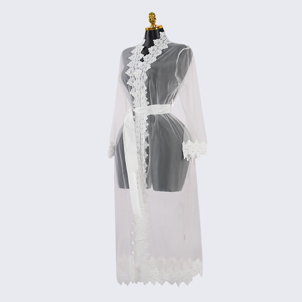 White Long-Sleeved See-through Lace Robe