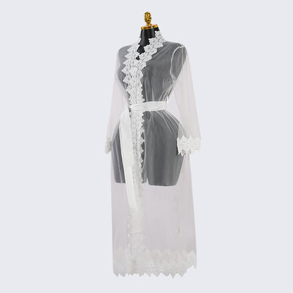 White Long-Sleeved See-through Lace Robe