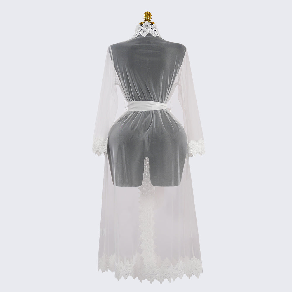 White Long-Sleeved See-through Lace Robe