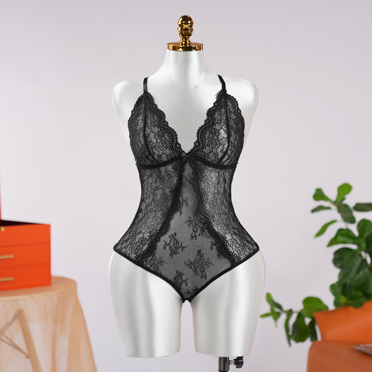 Black Lace Mesh See-Through Bodysuit