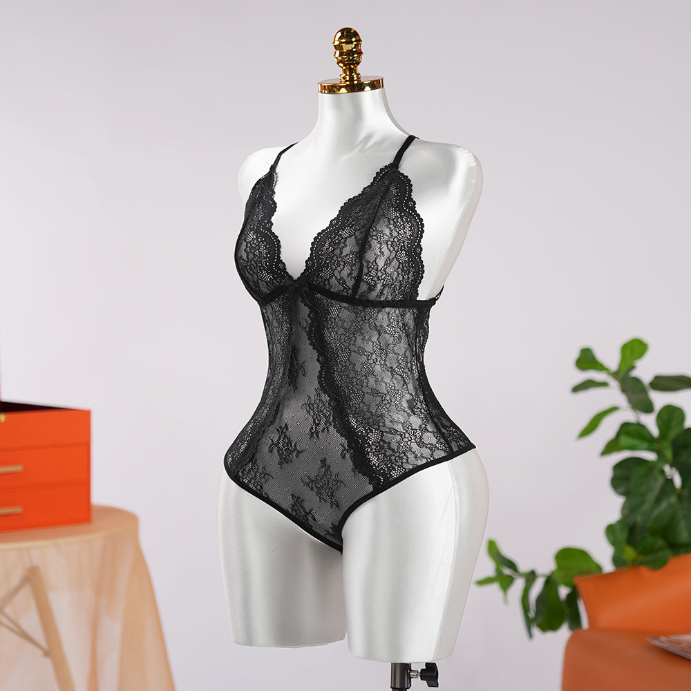 Black Lace Mesh See-Through Bodysuit