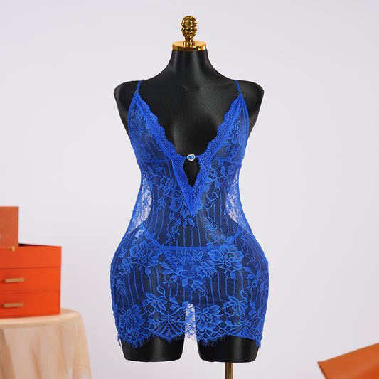 Blue Whispers Lace Lingerie Dress Panty Set