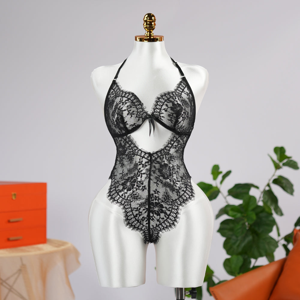 Black Floral Lace Embroidery See-through Bodysuit