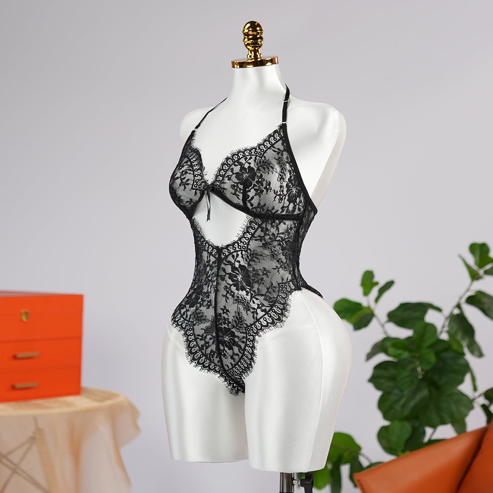 Black Floral Lace Embroidery See-through Bodysuit