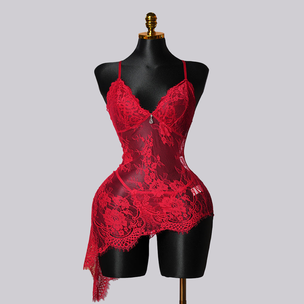 Red Lace See-through Lingerie Dress
