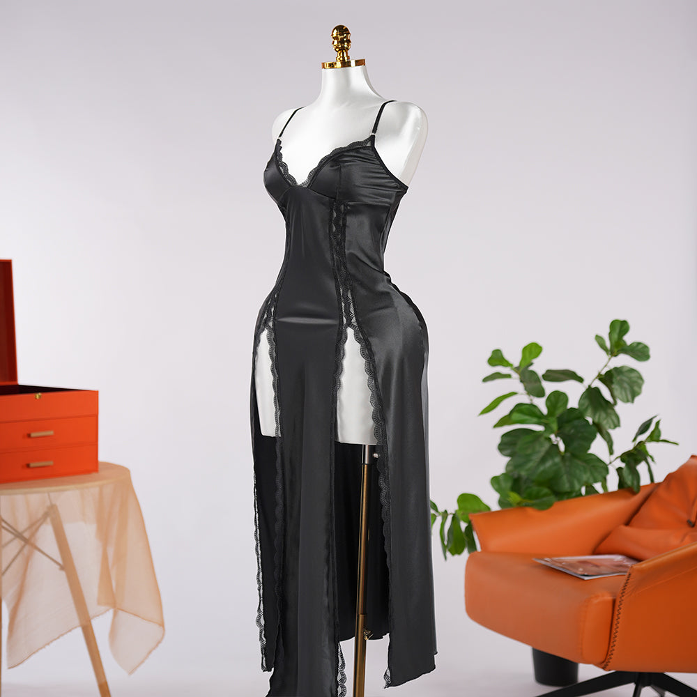 Black Lace Paneled Spaghetti Strap Nightgown