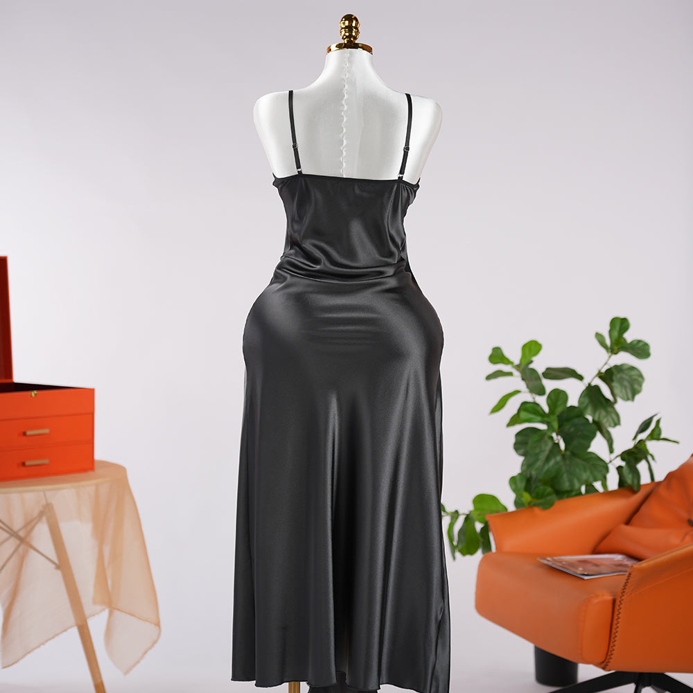 Black Lace Paneled Spaghetti Strap Nightgown