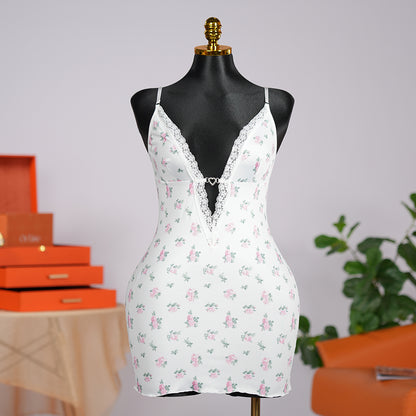 Deep V Lace Floral Print Cami Nightdress