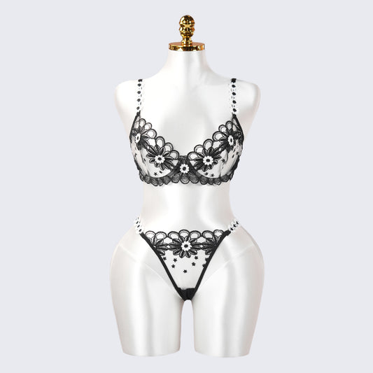 Sheer Lace Floral Embroidery Bra Panty Set