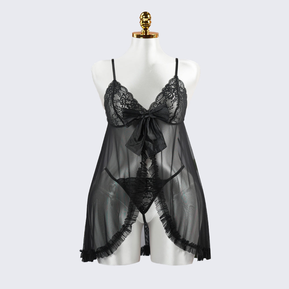 Black Lace Embroidery See-through Hollow Babydolls Lingerie