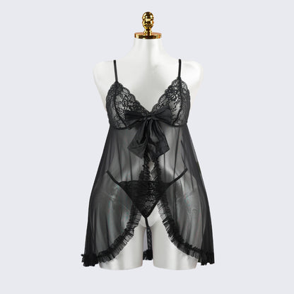 Black Lace Embroidery See-through Hollow Babydolls Lingerie
