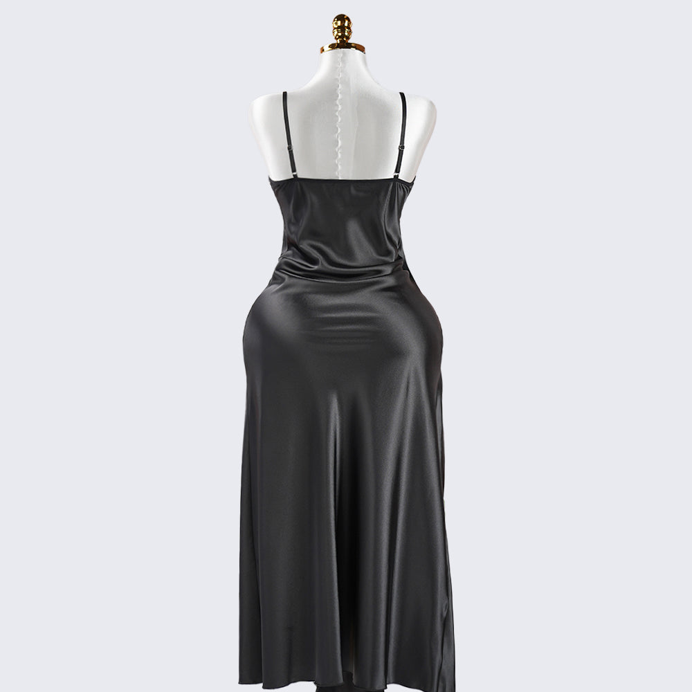 Black Lace Paneled Spaghetti Strap Nightgown