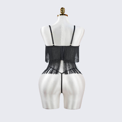 Black Sheer Fringe Corset Panty Set