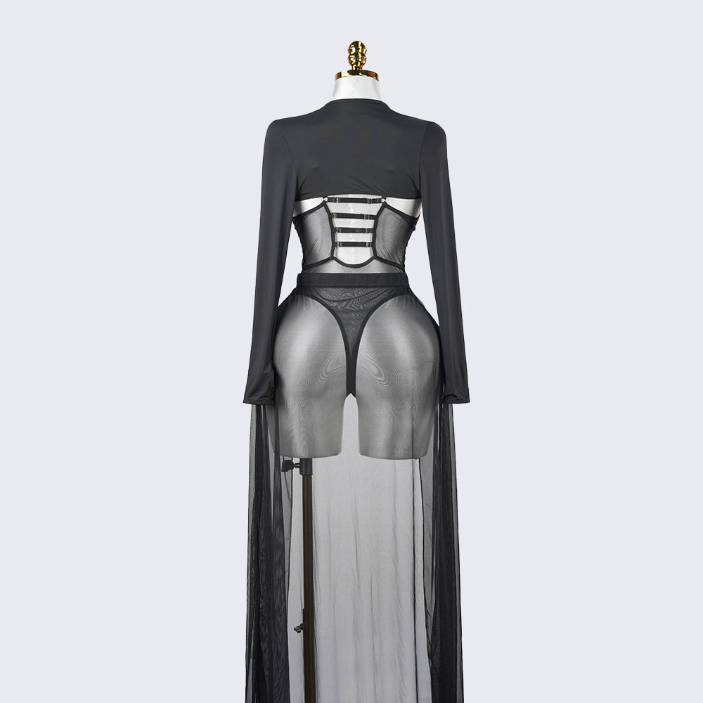 Black Sheer Mesh Bodysuit Dress Set