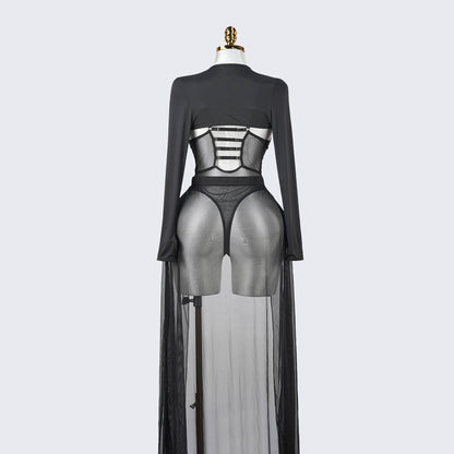 Black Sheer Mesh Bodysuit Dress Set