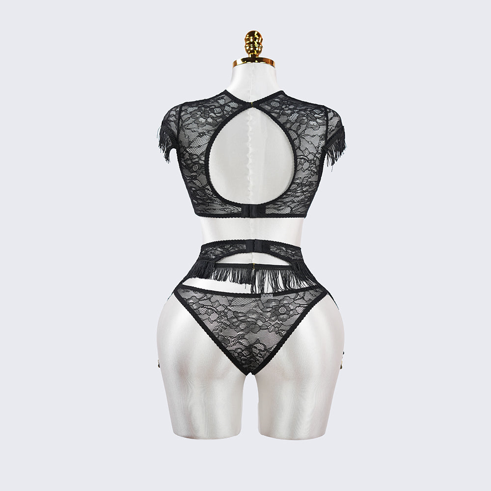 Fringe Sheer Halter Top Panty Set
