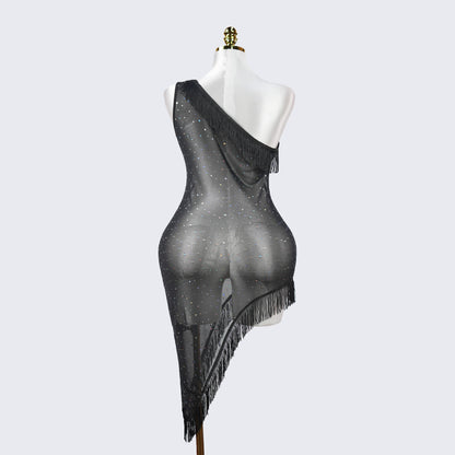 Sparkly Elegant Fringe Mesh Ruffled Sheer Nightwear Dress Lingerie